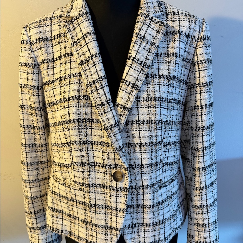 Ann Taylor Newbury Plaid Tweed Jacket with Brass Buttons size 10